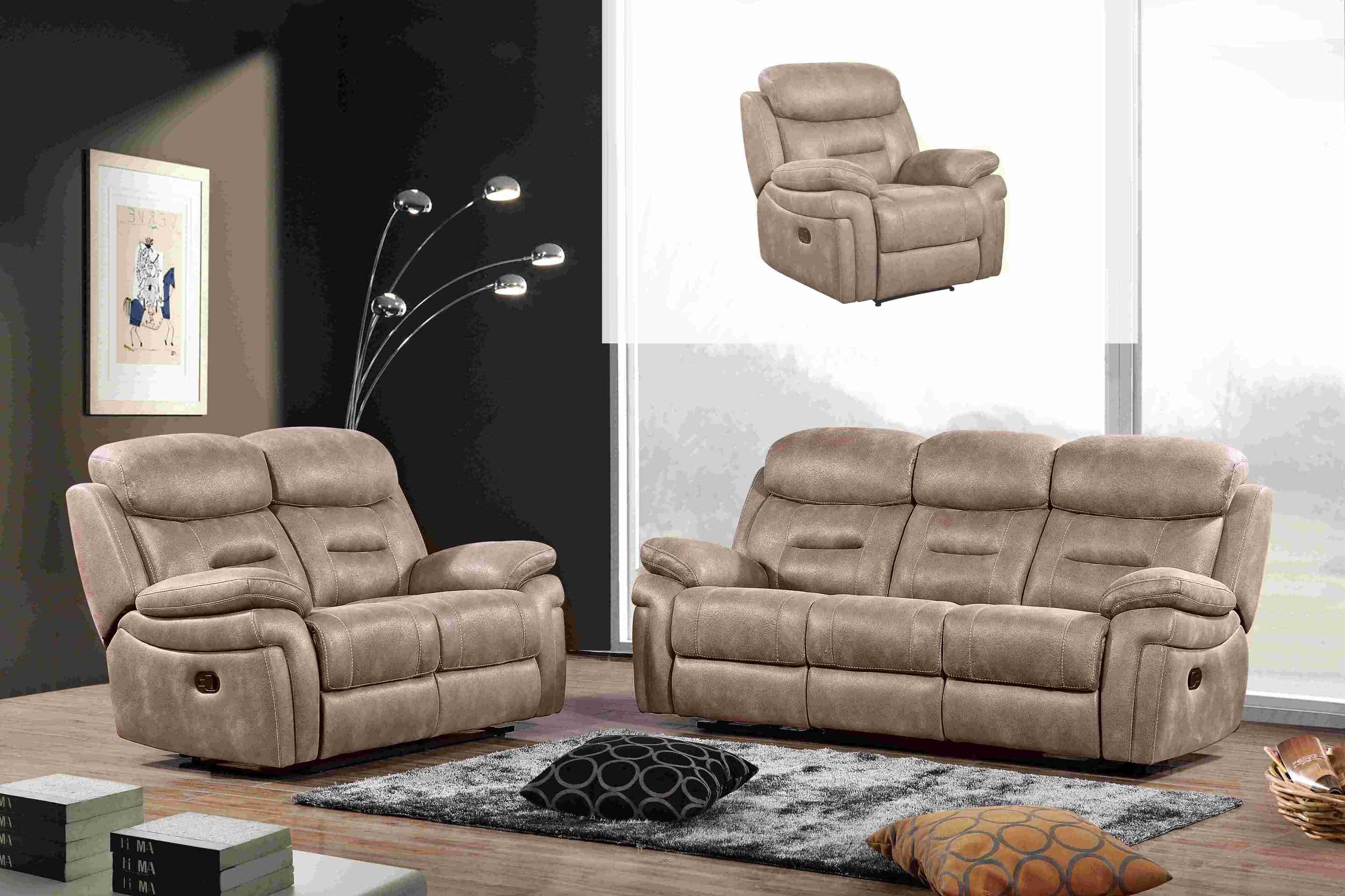 3 pcs Manual Recliner Sofa Set, Hot stamping Fabric. Taupe -UH-1601