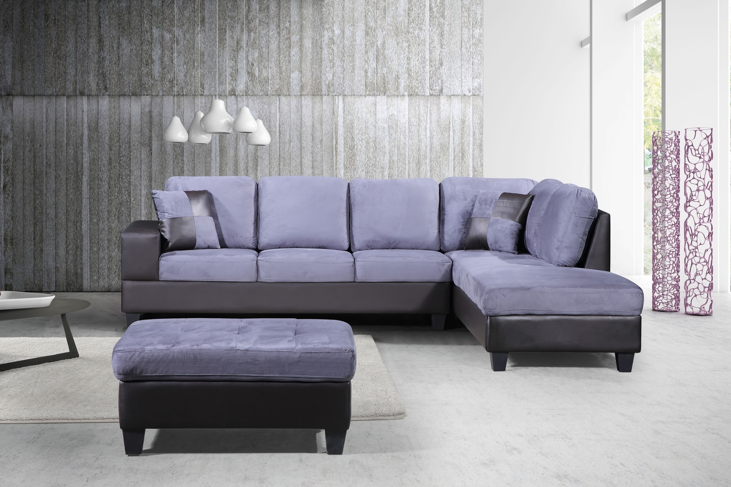 3-Piece Modern Right Microfiber / Faux Leather Sectional Sofa Set w/Storage Ottoman (Gray) UH-1003