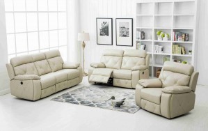 3 Pcs Stitching Bonded Leather Sofa Set Recliner, Ivory -UH-1614