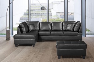 3 Pcs Sectional Sofa Bonded Leather w/Storage Ottoman Black color Facing Left. UH-1025-BLK