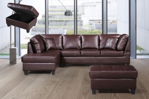 3 Pcs Sectional Sofa Bonded Leather w/Storage Ottoman Brown color Facing Left.-  UH-1025-BR