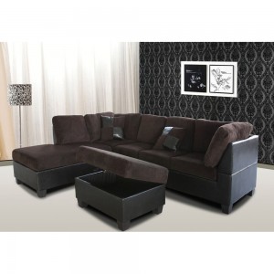 3-Piece Modern Left Corduroy/ Faux Leather Sectional Set w/Storage Ottoman (Chocolate) - UH-1022-BR