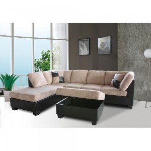3-Piece Modern Left Corduroy/ Faux Leather Sectional Set w/Storage Ottoman (Saddle) - UH-1022-SADDLE